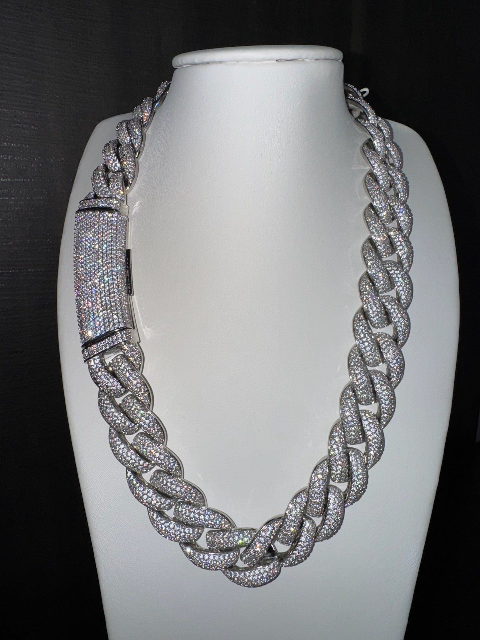 18k White Gold Finish Micro Pave Cuban Link Necklace.