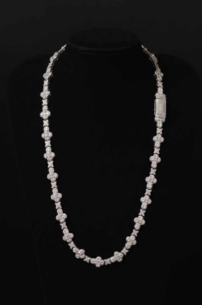 18k White Gold Plated iced infinity cross chain.