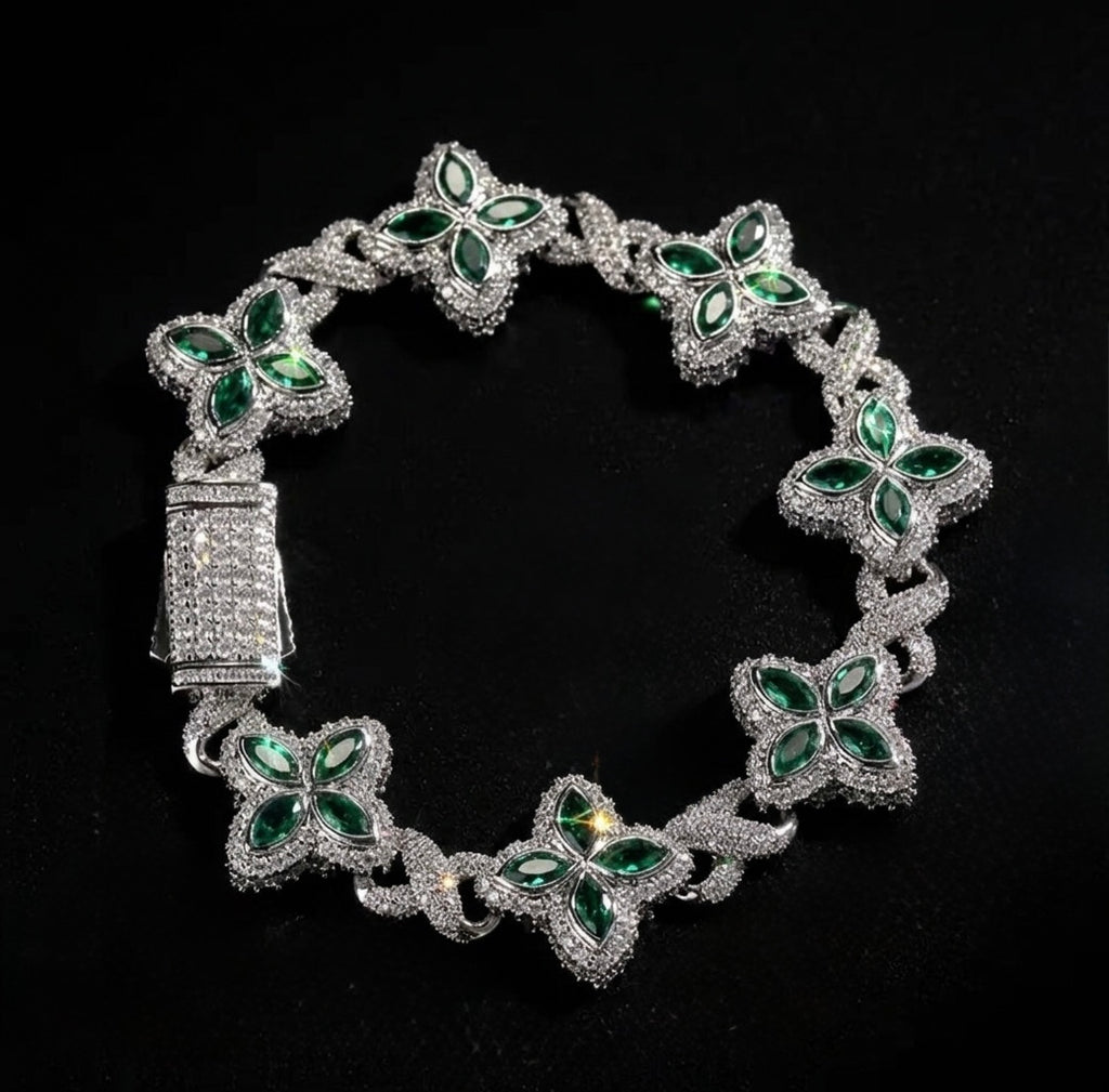 18k White gold plated iced 4 leaf bracelet.