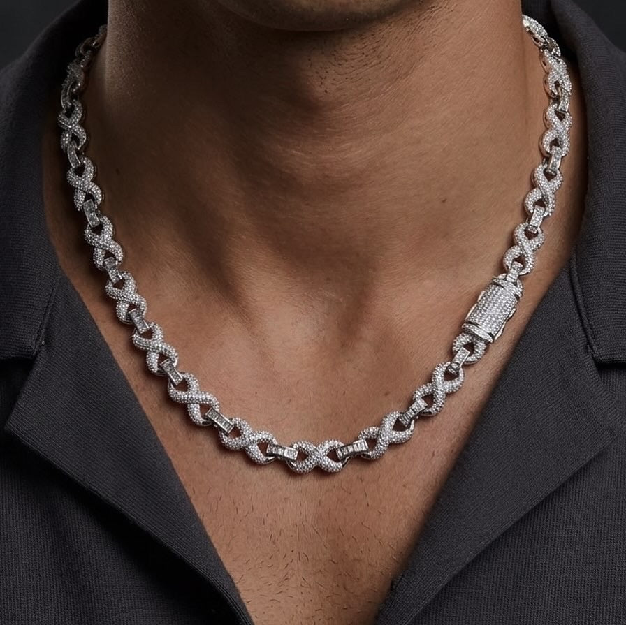 18k white gold plated iced infinity necklace.