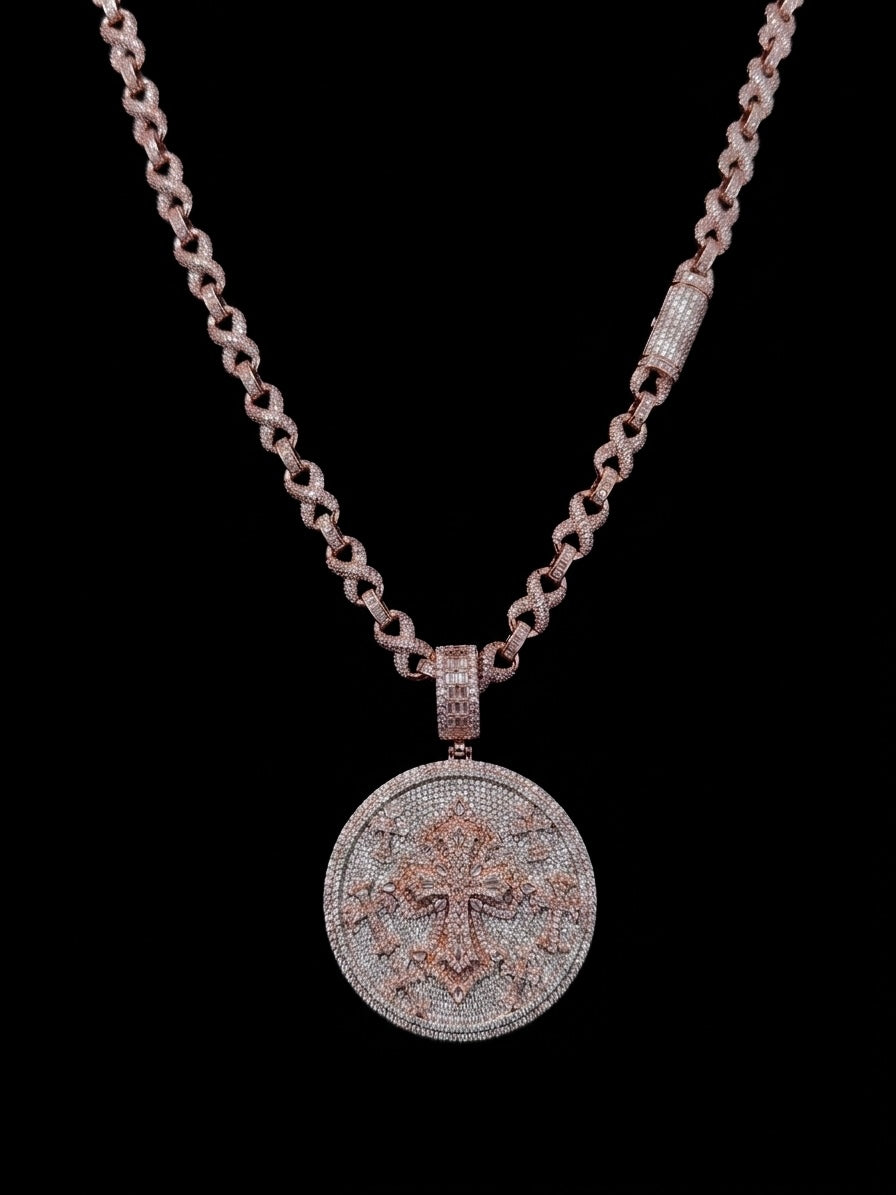 18k rose gold plated iced infinity chain and coin pendant.