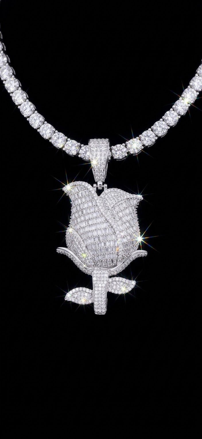 18k white gold plated tennis chain and iced out Rose pendant.