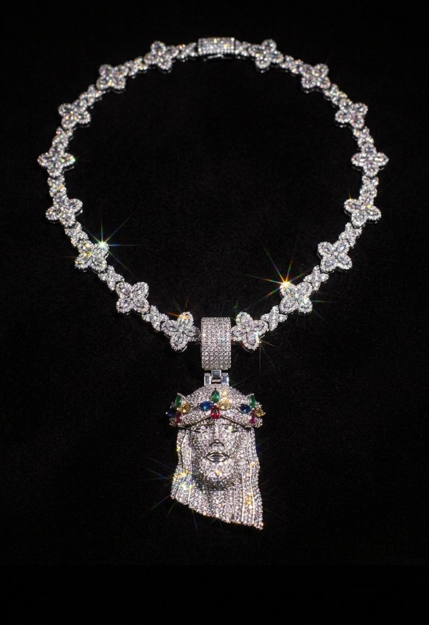 White gold plated 4 leaf chain and Jesus pendant