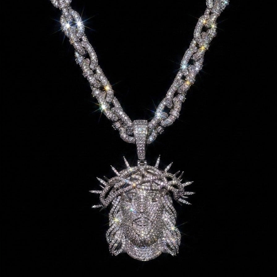 White gold plated iced link necklace and Micro pave god face pendant.