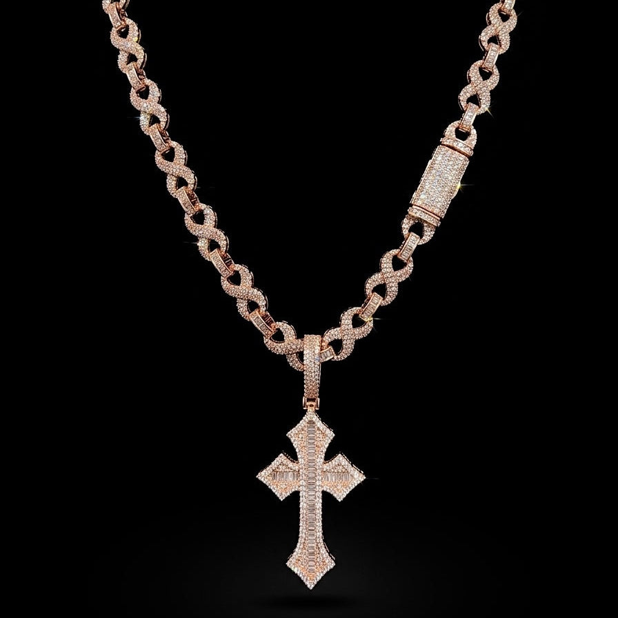 18k Rose gold plated iced out infinity chain and cross pendant.