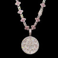 18k White gold plated iced four leaf chain and coin pendant.