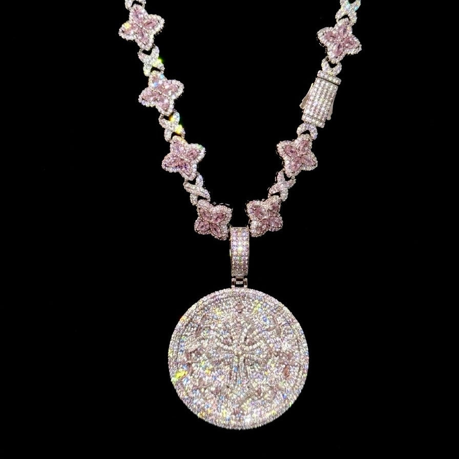 18k White gold plated iced four leaf chain and coin pendant.