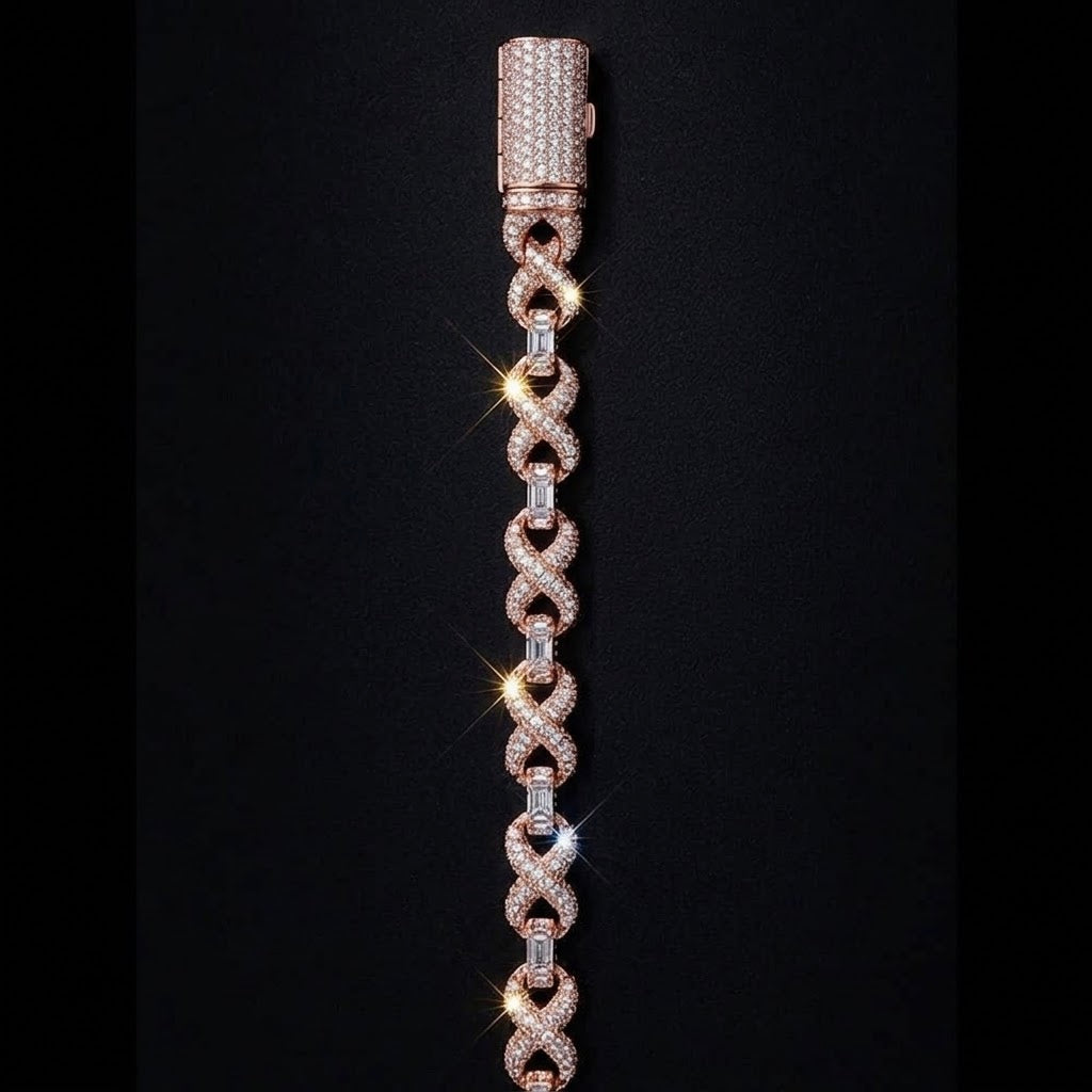 18k white gold plated iced infinity necklace.