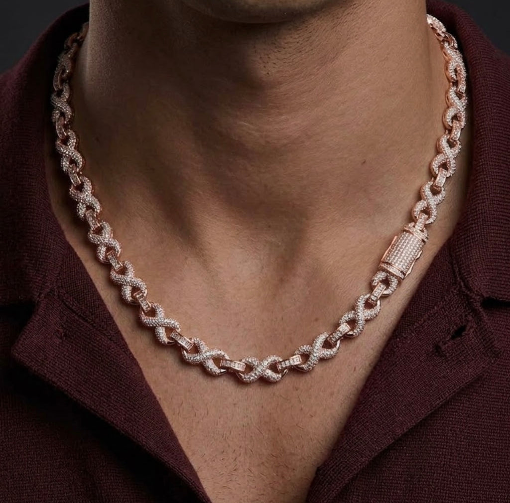 18k white gold plated iced infinity necklace.