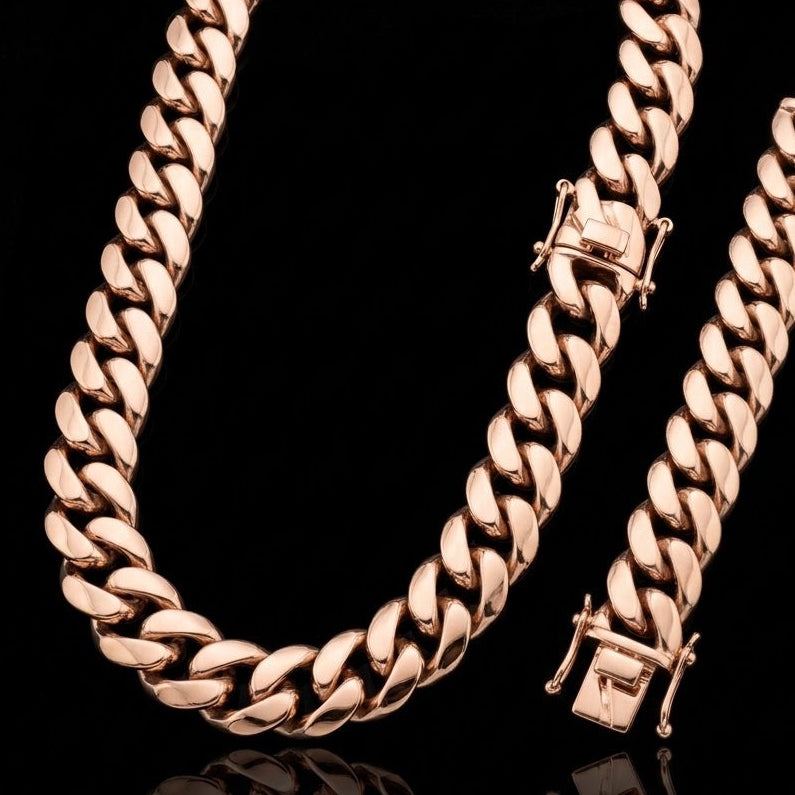 18k rose gold plated stainless steel Cuban Link Set.