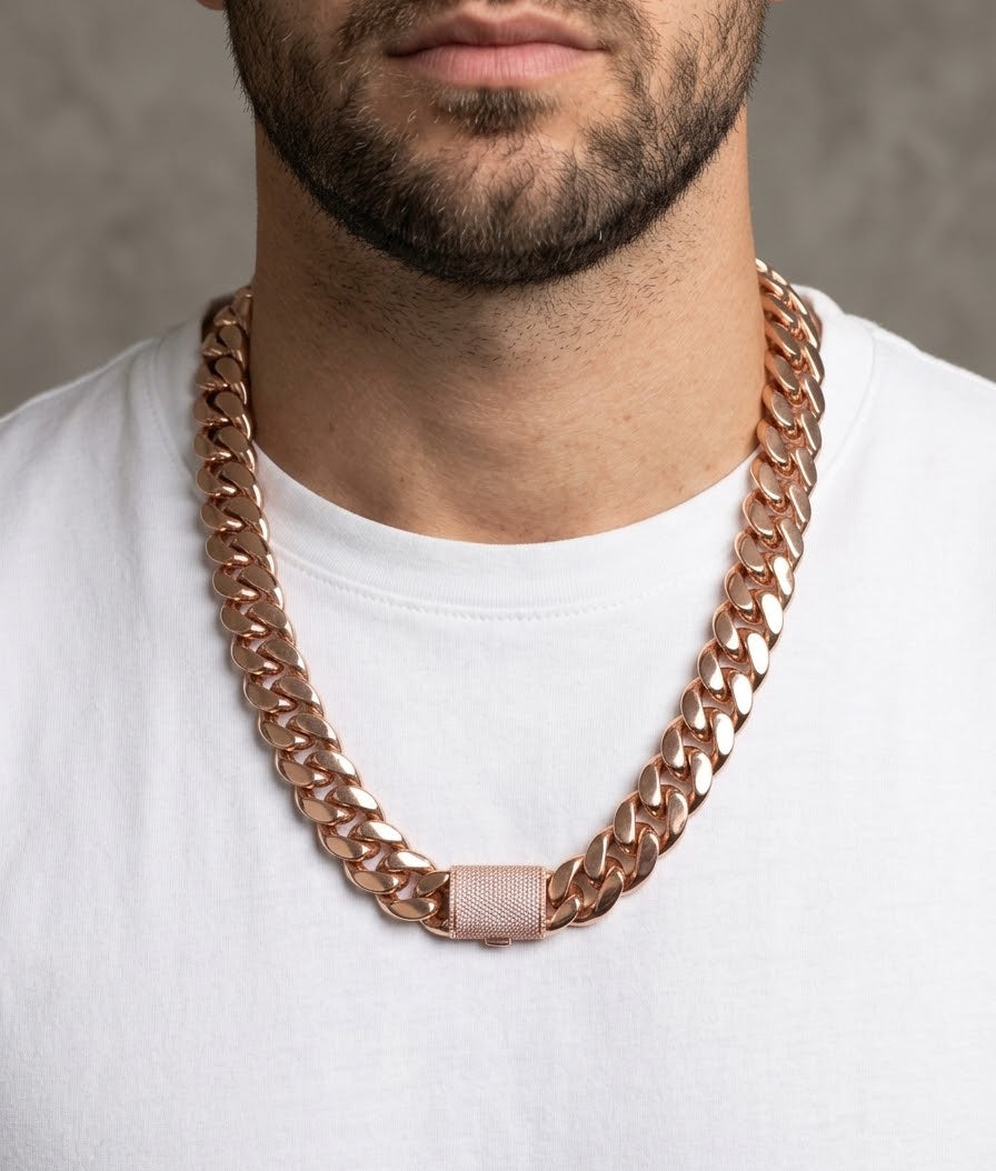 Stainless Steel 18k Rose gold plated Cuban Link Chain.