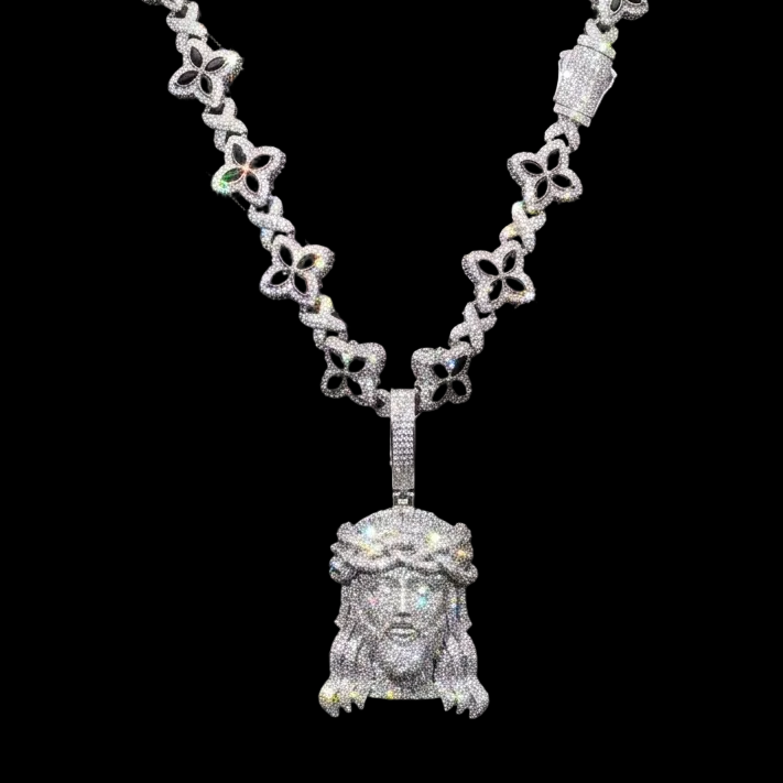 White gold plated 4 leaf iced chain and god face pendant