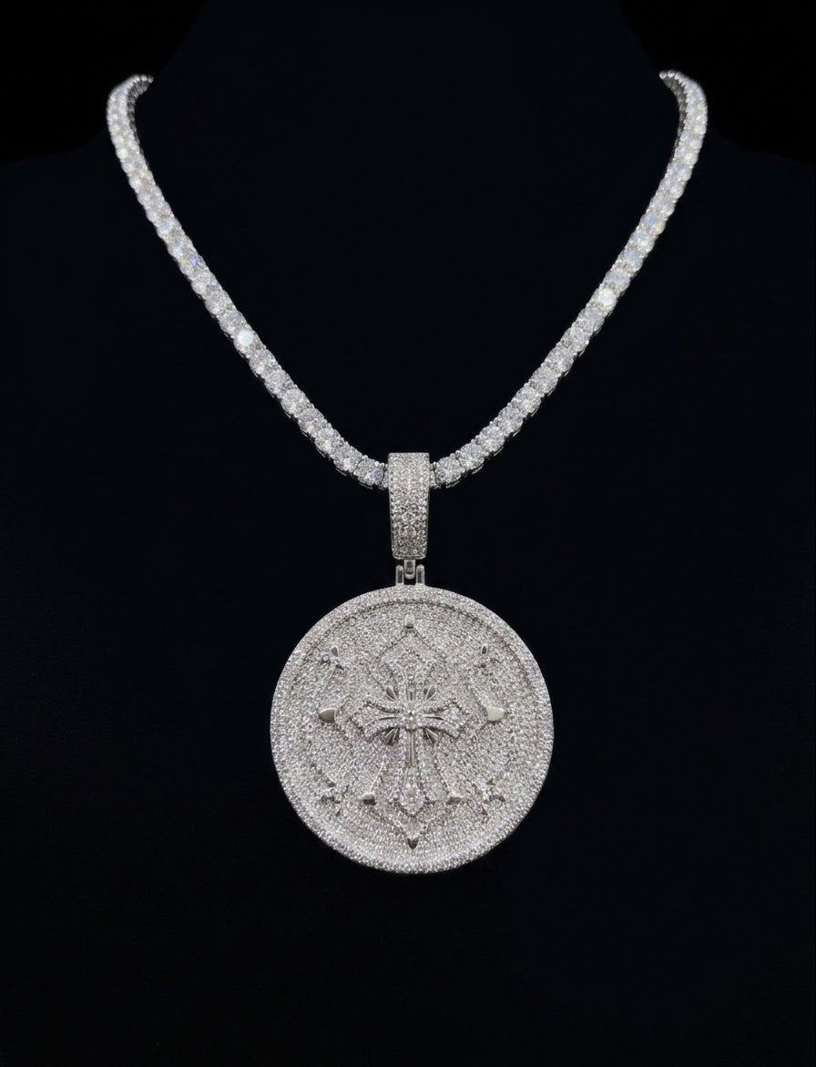 18k White gold plated tennis and coin pendant.