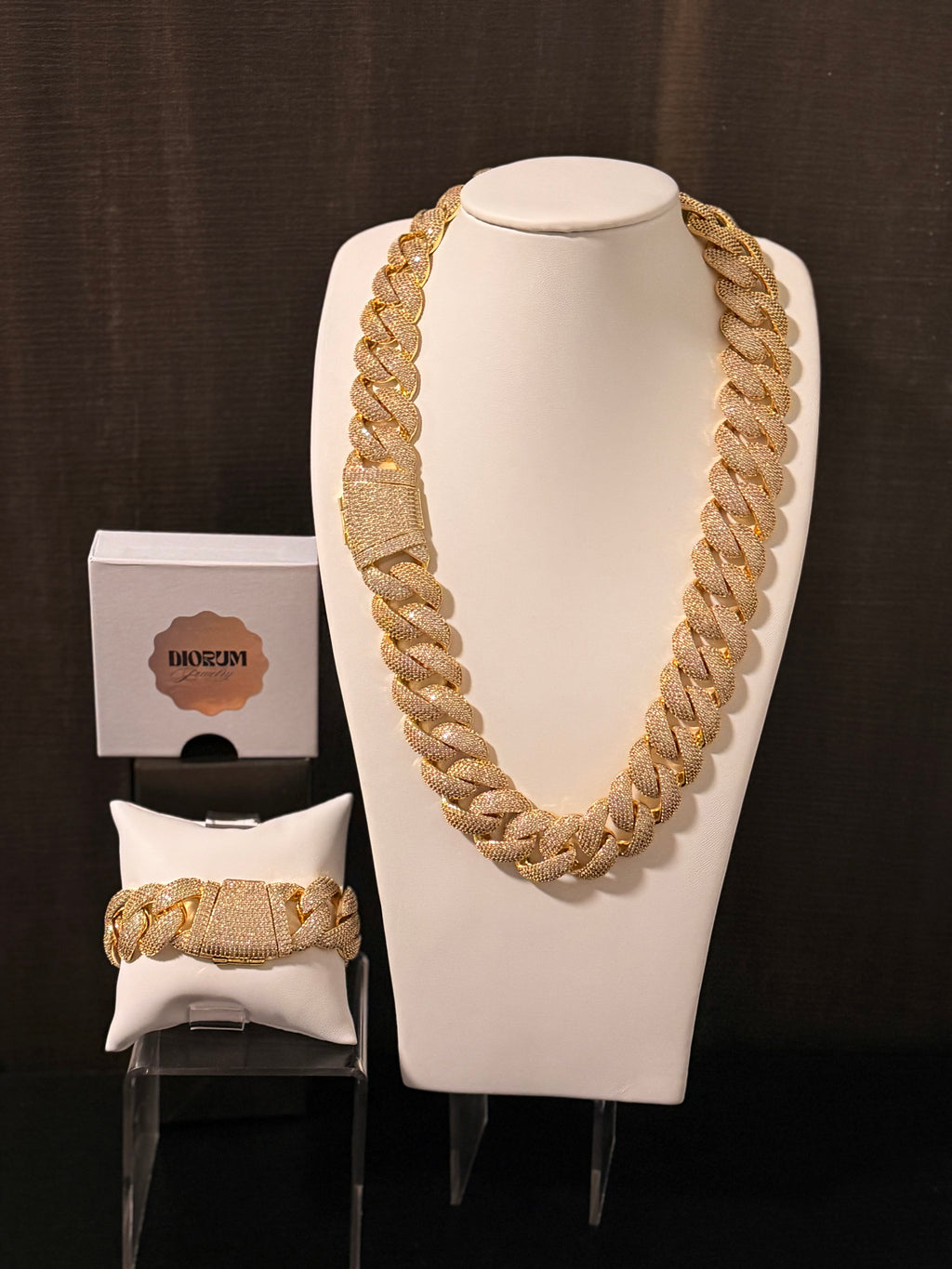 14k Gold Finish Micro Pave Cuban Link Set.
