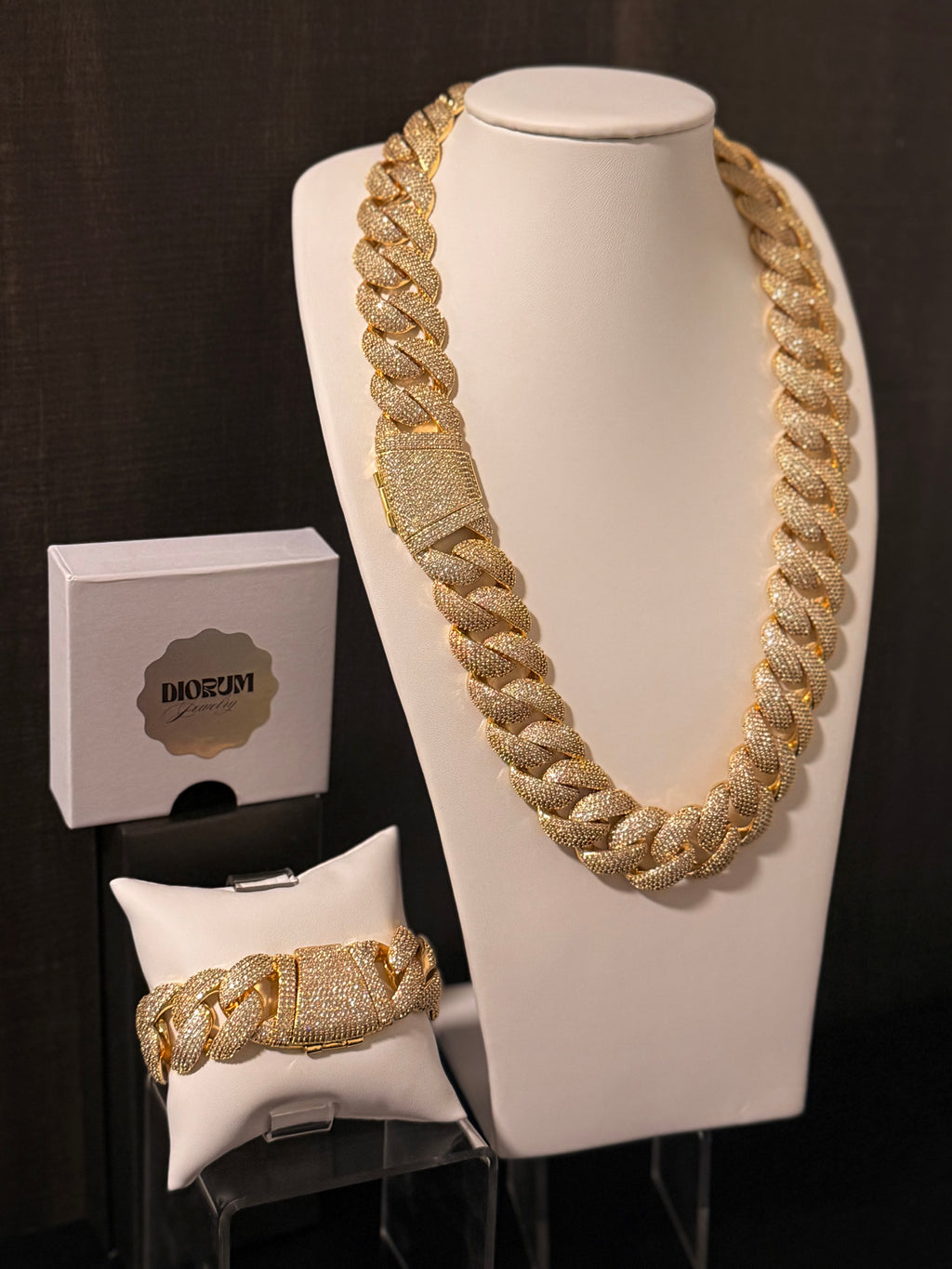 14k Gold Finish Micro Pave Cuban Link Set.