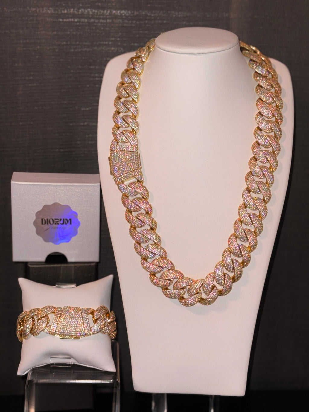 14k Gold Finish Micro Pave Cuban Link Set.