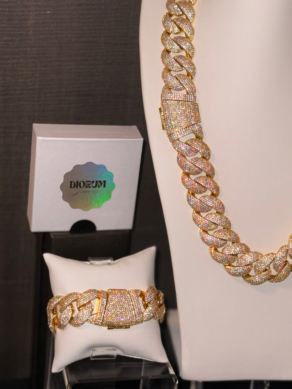 14k Gold Finish Micro Pave Cuban Link Set.