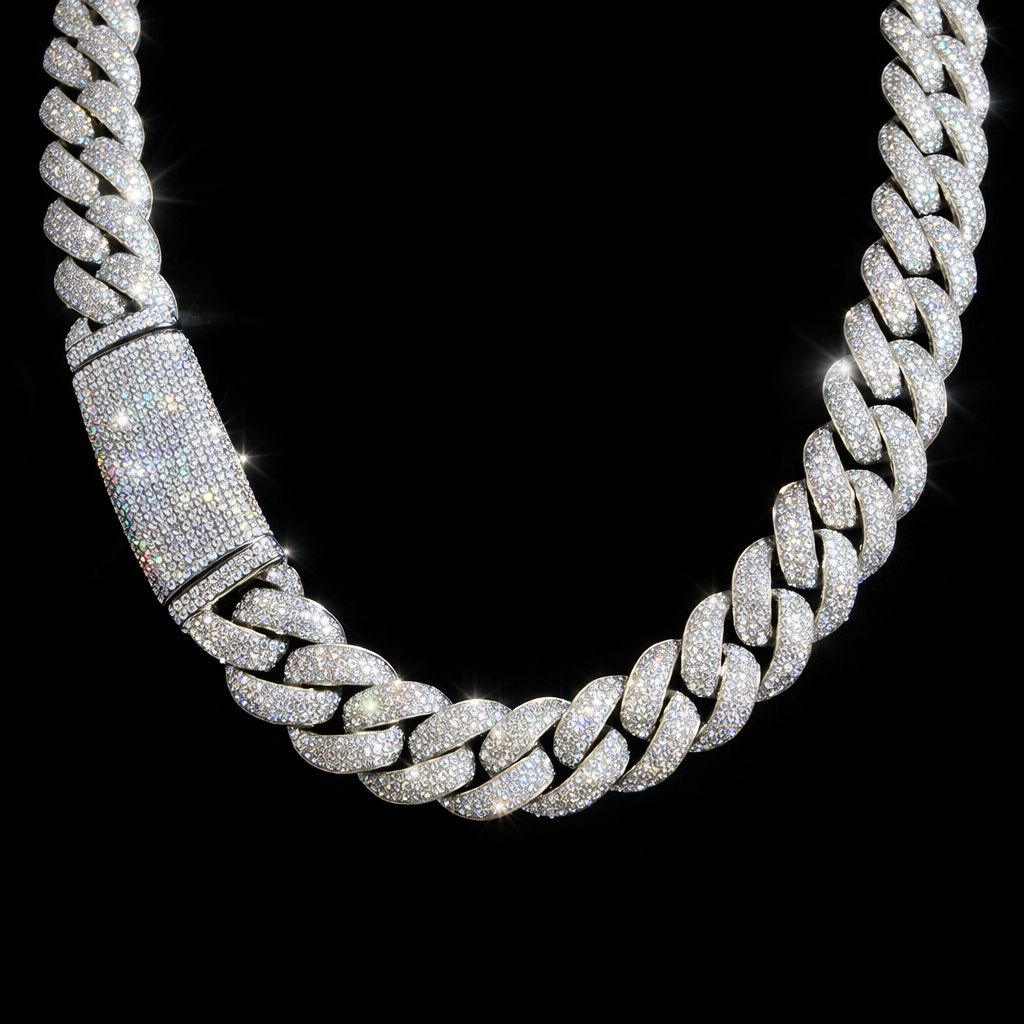 18k White Gold Finish Micro Pave Cuban Link Necklace.