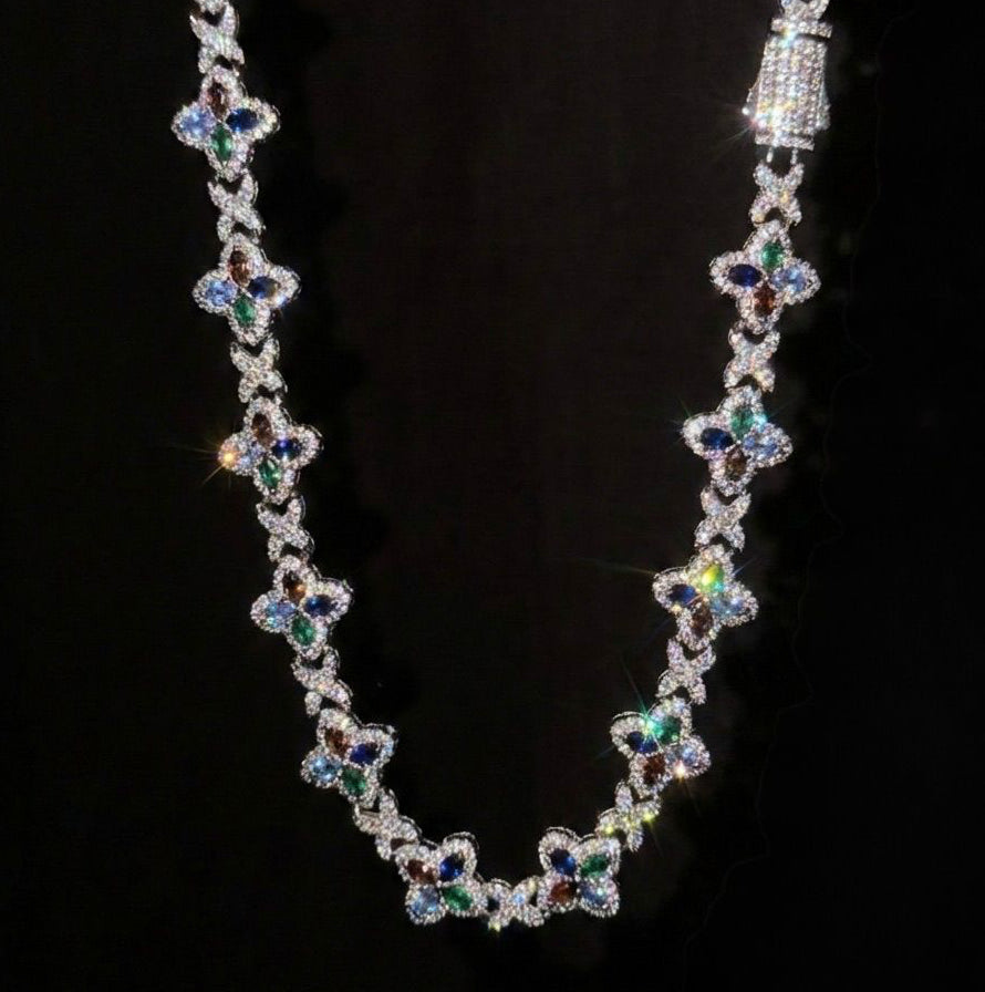 White Gold plated 4 leaf iced chain.