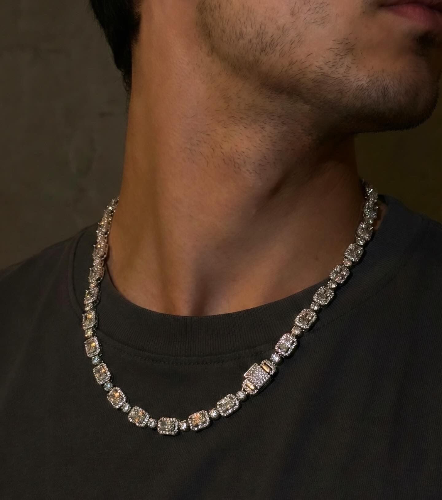 18K White Gold Plated Iced Emerald Cut Unisex Necklace.
