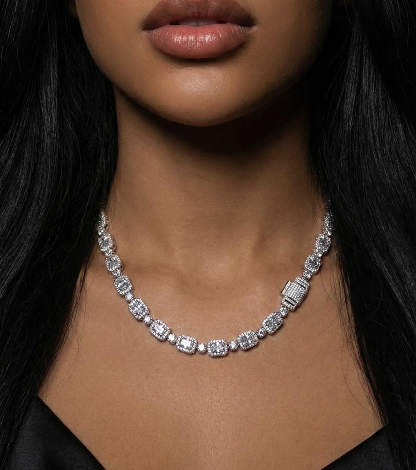 18K White Gold Plated Iced Emerald Cut Unisex Necklace.