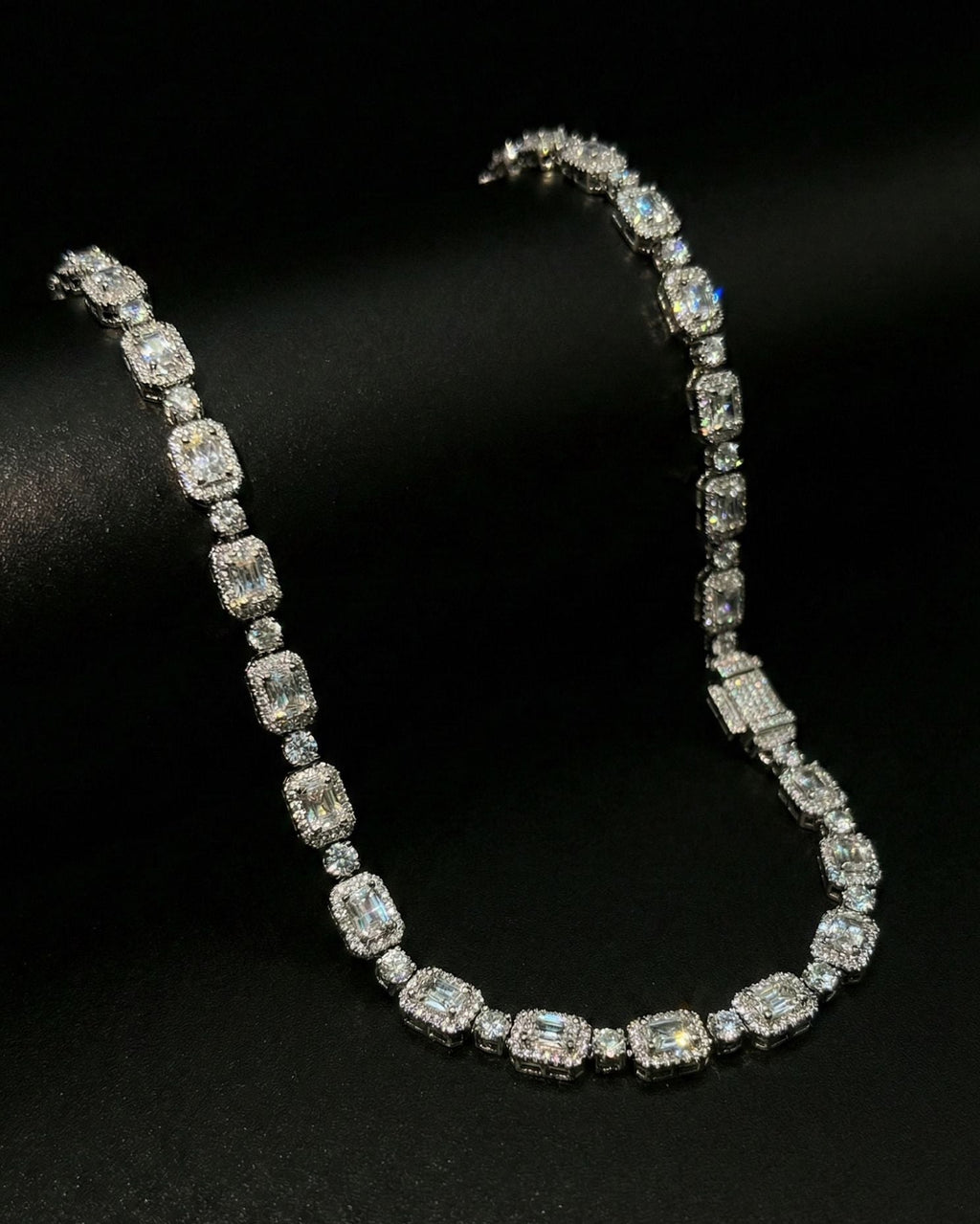 18K White Gold Plated Iced Emerald Cut Unisex Necklace.