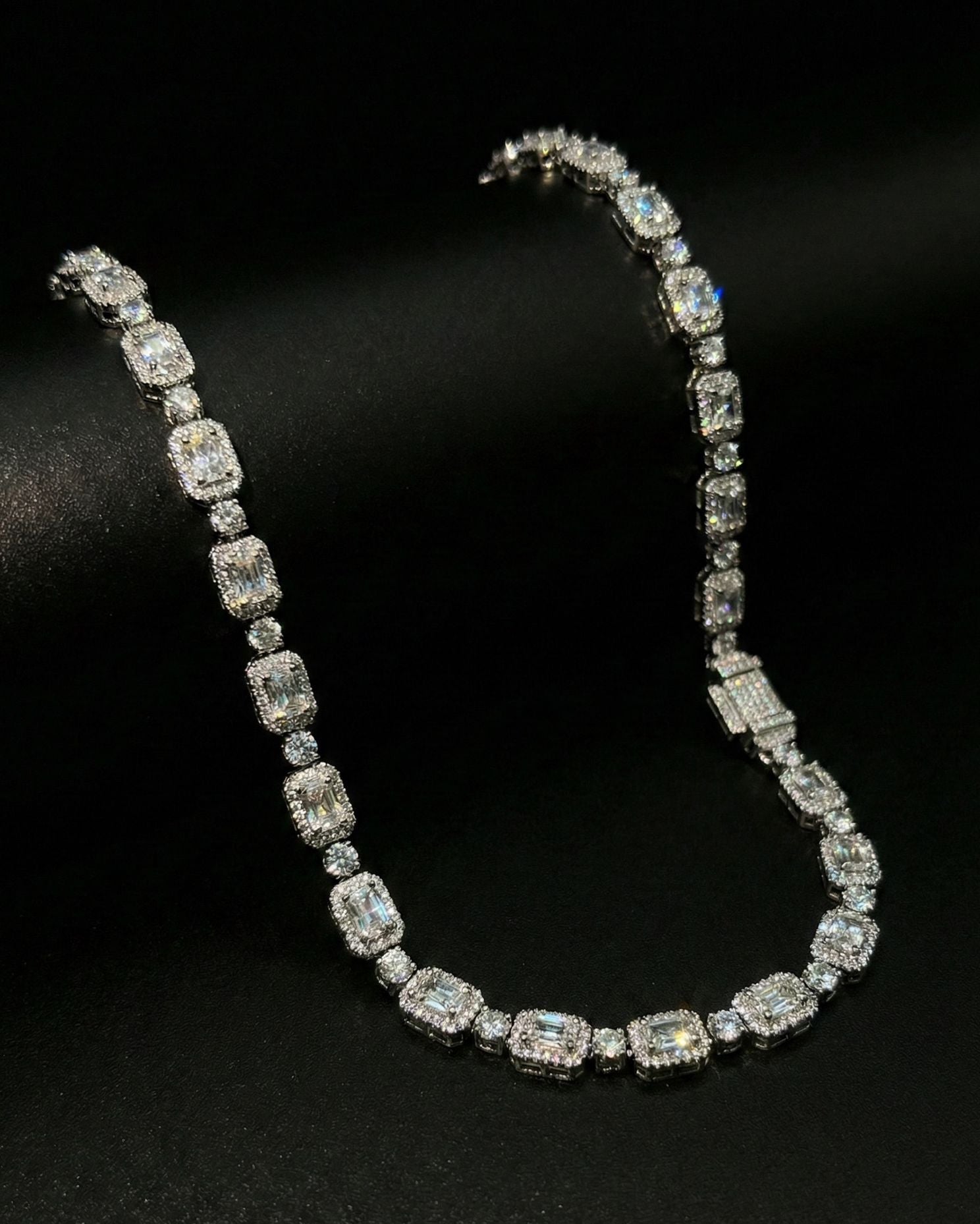 18K White Gold Plated Iced Emerald Cut Unisex Necklace.