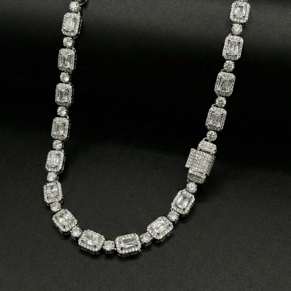 18K White Gold Plated Iced Emerald Cut Unisex Necklace.