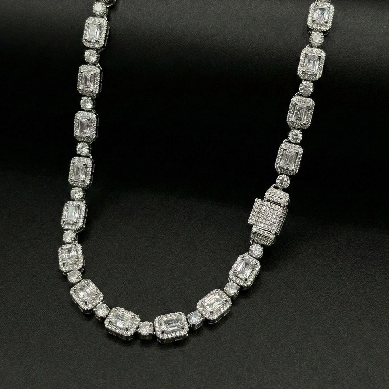 18K White Gold Plated Iced Emerald Cut Unisex Necklace.