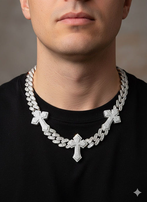 18 k white gold plated iced baguette cross stations Cuban link necklace
