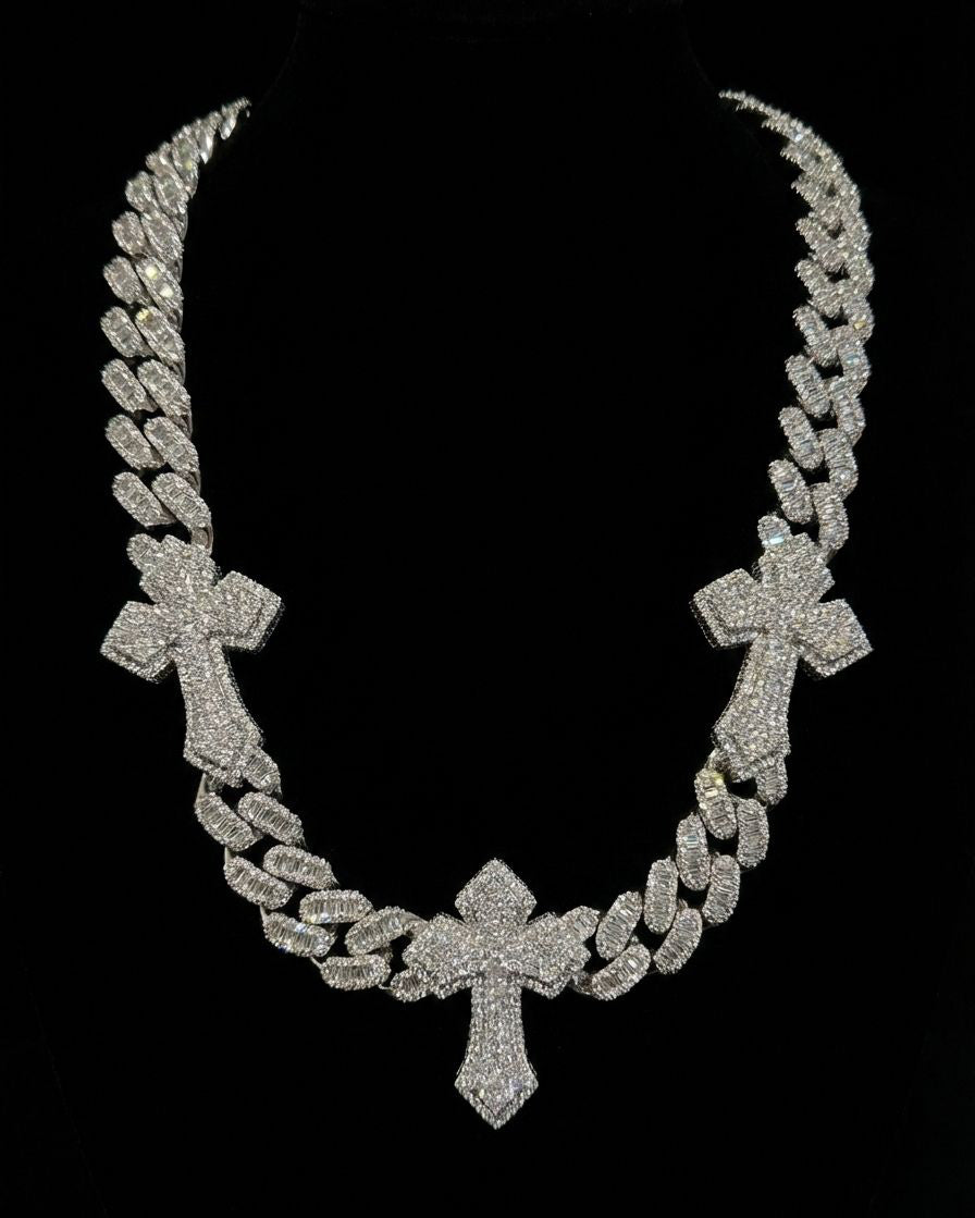 18 k white gold plated iced baguette cross stations Cuban link necklace