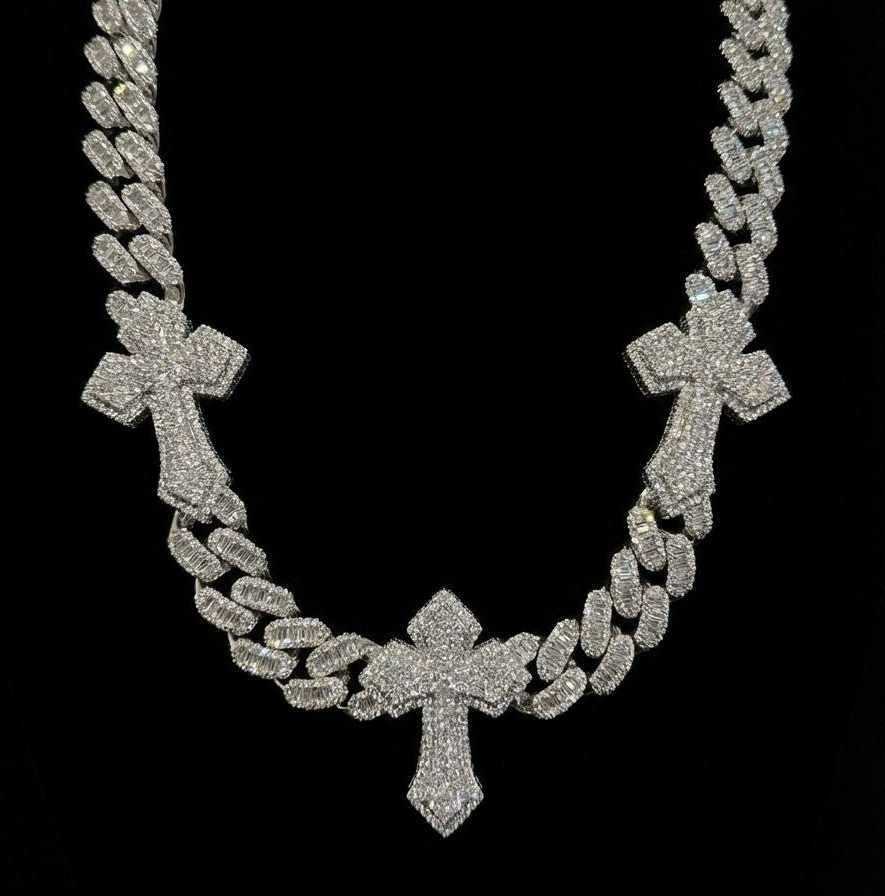 18 k white gold plated iced baguette cross stations Cuban link necklace