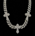 18 k white gold plated iced baguette cross stations Cuban link necklace