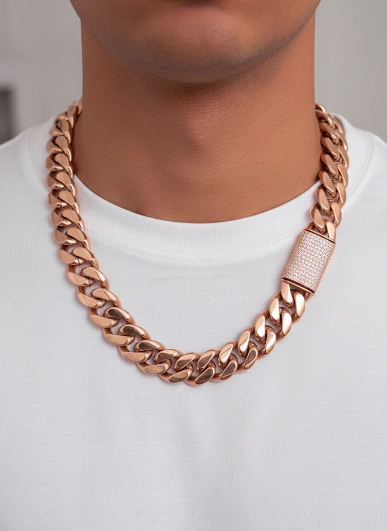 Stainless Steel 18k Rose gold plated Cuban Link Chain.