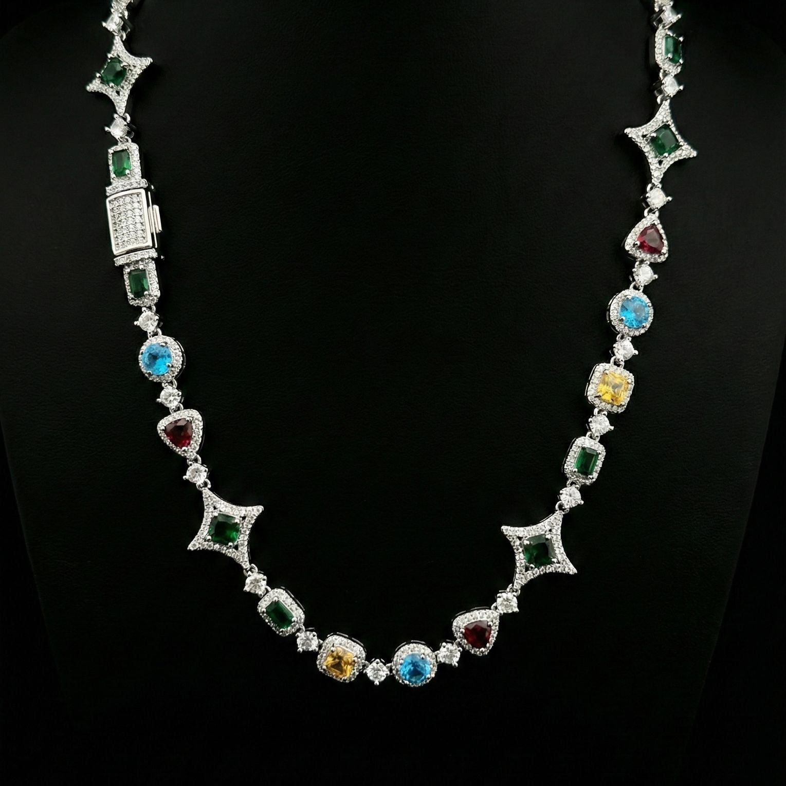 18k White Gold Plated Iced Multi-Shaped Colorful Stones Necklace.