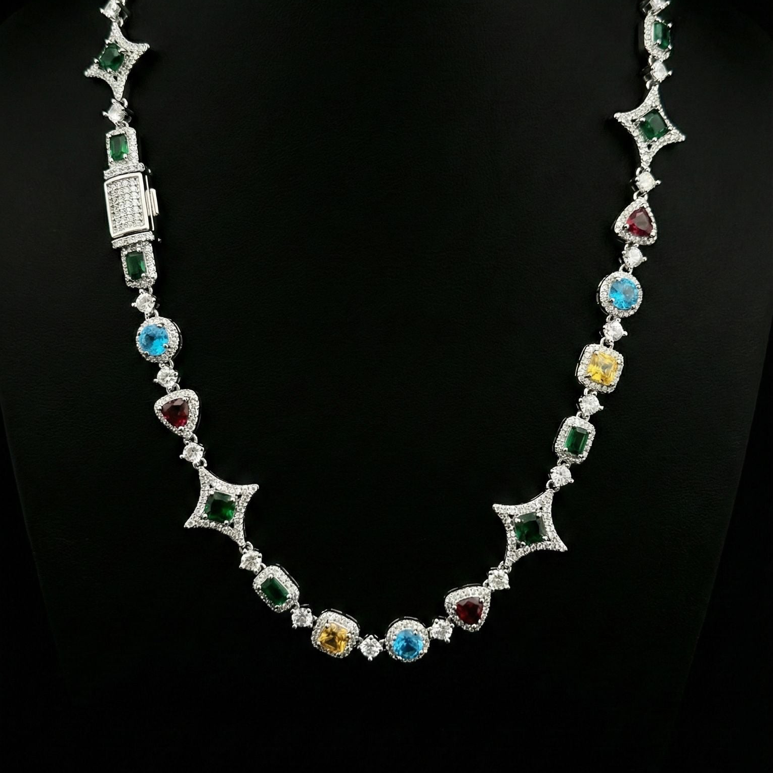 18k White Gold Plated Iced Multi-Shaped Colorful Stones Necklace.