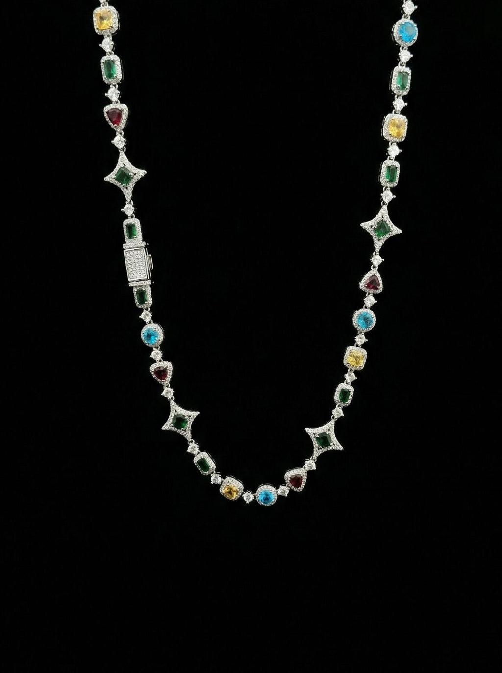 18k White Gold Plated Iced Multi-Shaped Colorful Stones Necklace.