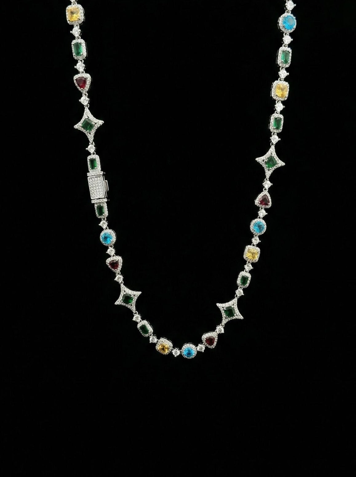 18k White Gold Plated Iced Multi-Shaped Colorful Stones Necklace.