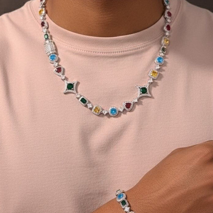 18k White Gold Plated Iced Multi-Shaped Colorful Stones Necklace.