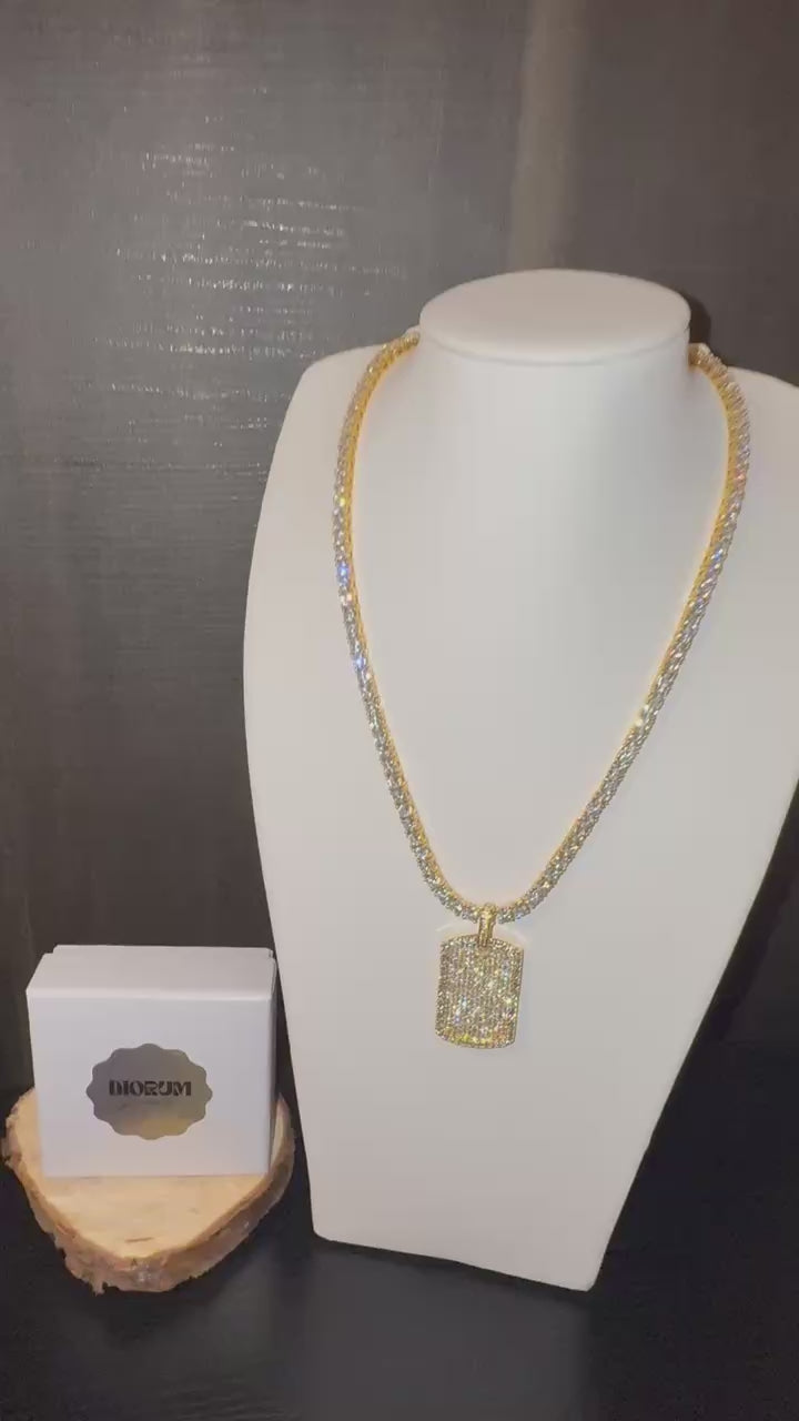 White gold plated tennis necklace and iced tag pendant.