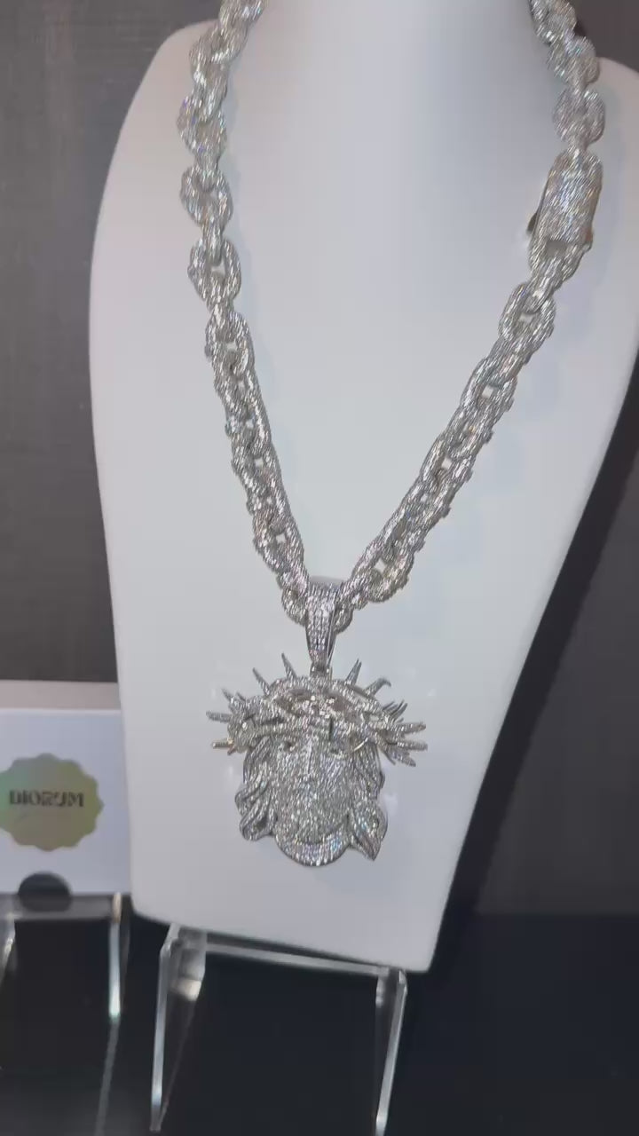 White gold plated iced link necklace and Micro pave god face pendant.