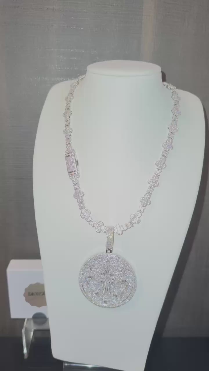 18k white gold plated iced infinity cross chain and coin pendant.