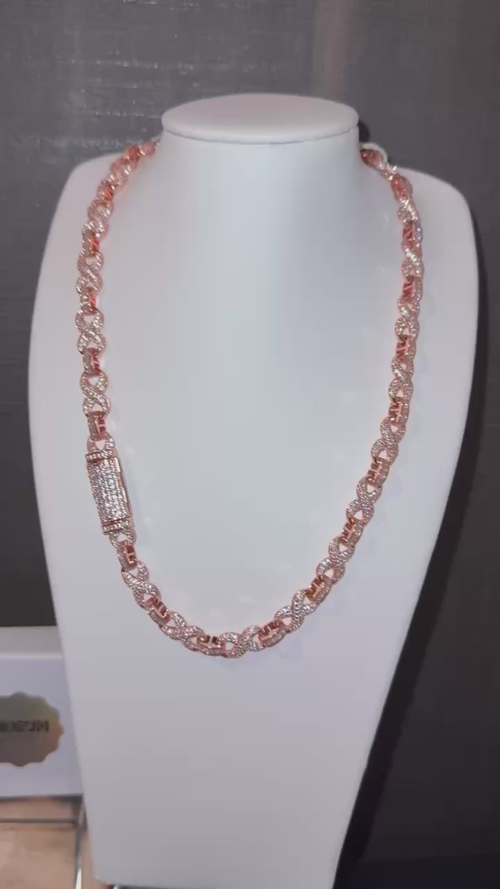 18k white gold plated iced infinity necklace.