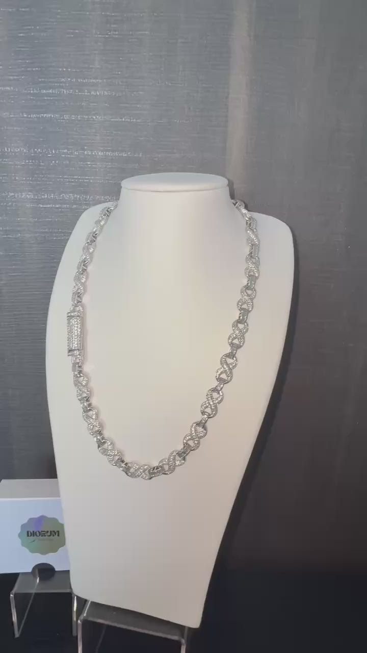 18k white gold plated iced infinity necklace.