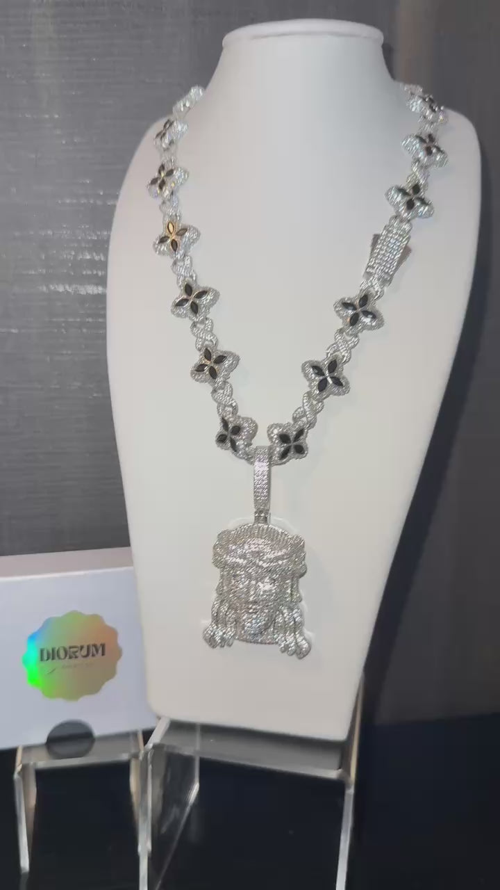 White gold plated 4 leaf iced chain and god face pendant