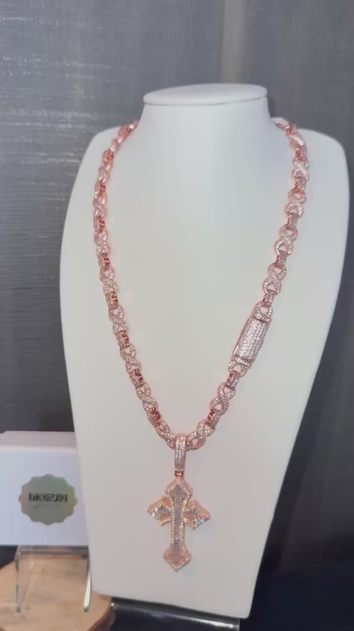18k Rose gold plated iced out infinity chain and cross pendant.