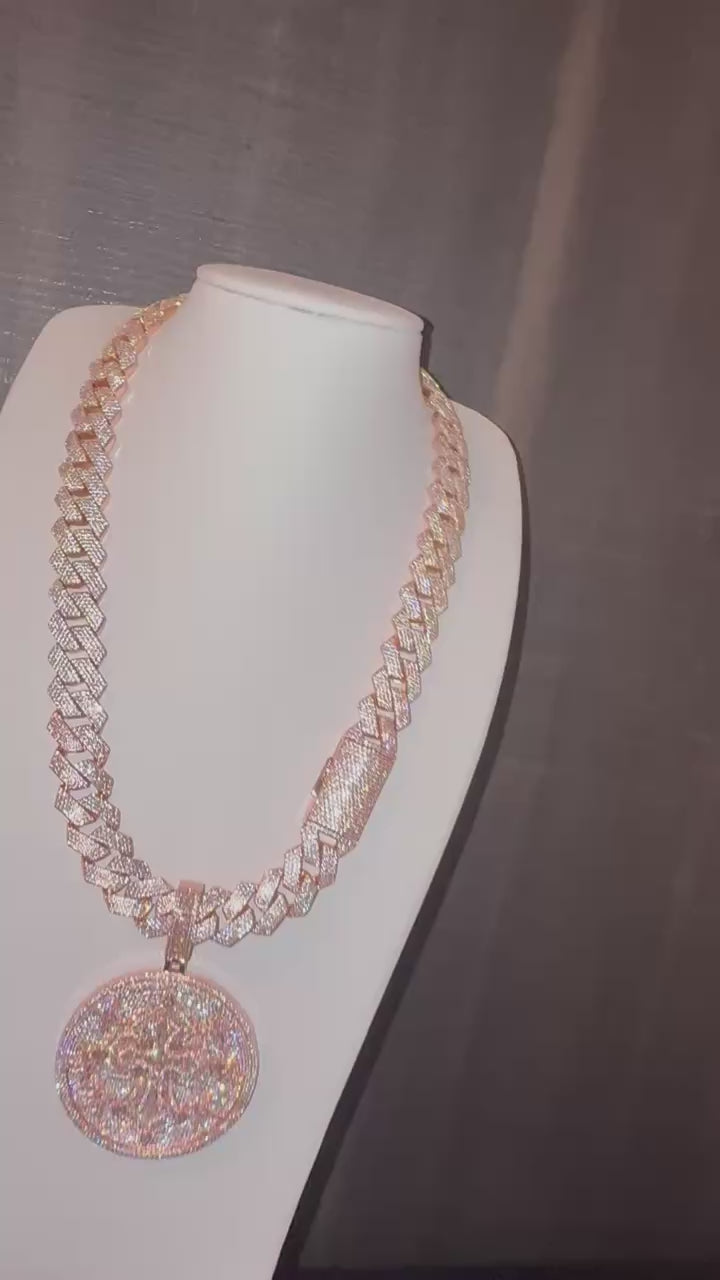 18k rose gold plated iced Cuban and cross coin pendant.