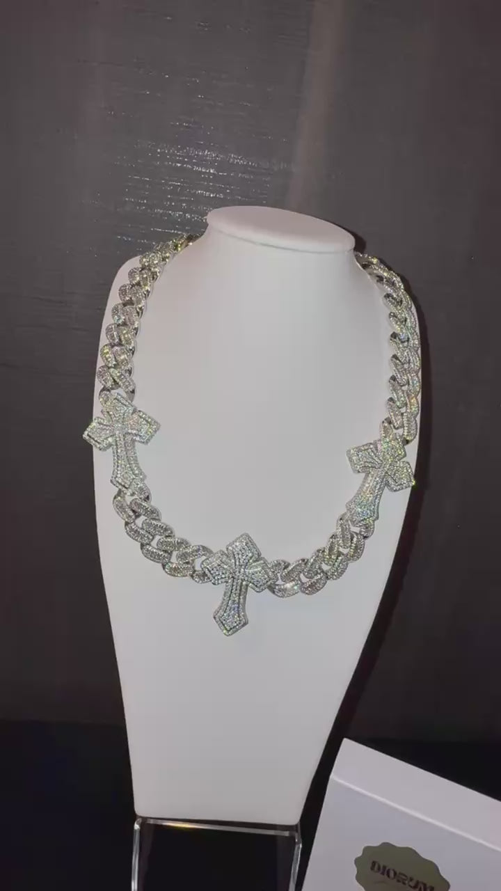 18 k white gold plated iced baguette cross stations Cuban link necklace