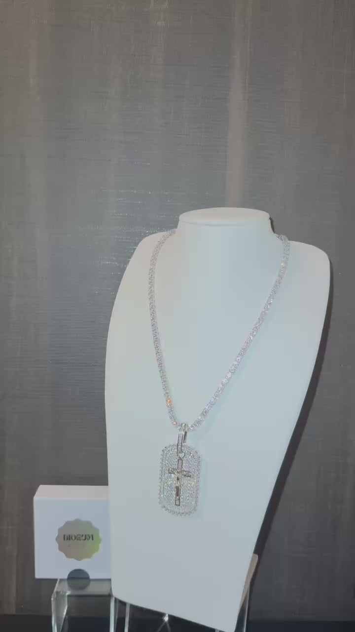 18k white gold plated tennis chain and iced dog tag pendant.