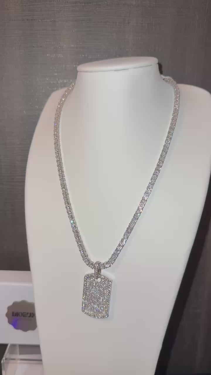 White gold plated tennis necklace and iced tag pendant.